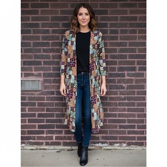 LuLaRoe Sarah Multicolor Stained Glass Moroccan Mosaic Duster Open Cardigan XS - Picture 1 of 9